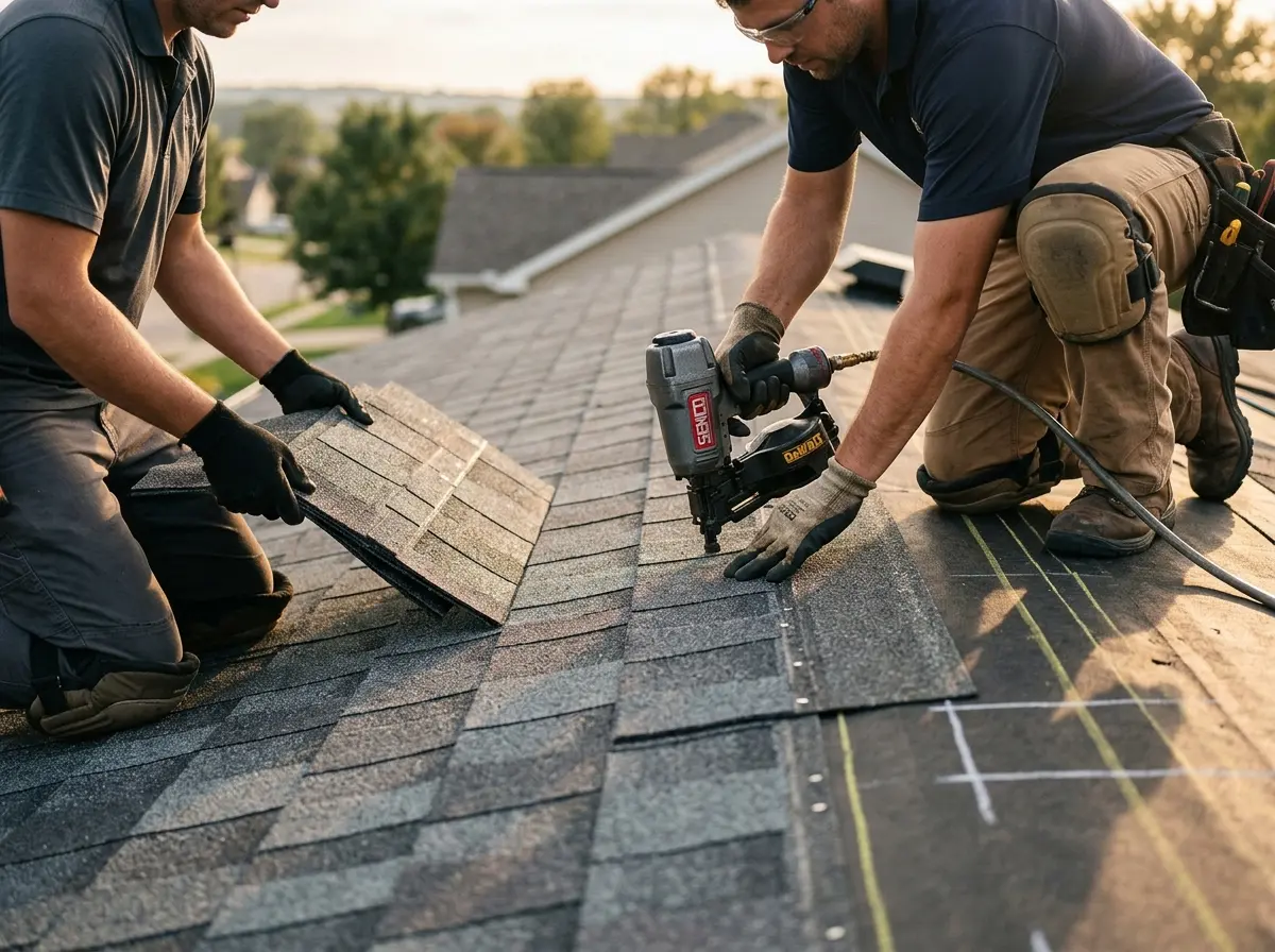 Professional roofer working on a residential roof in North Kingstown